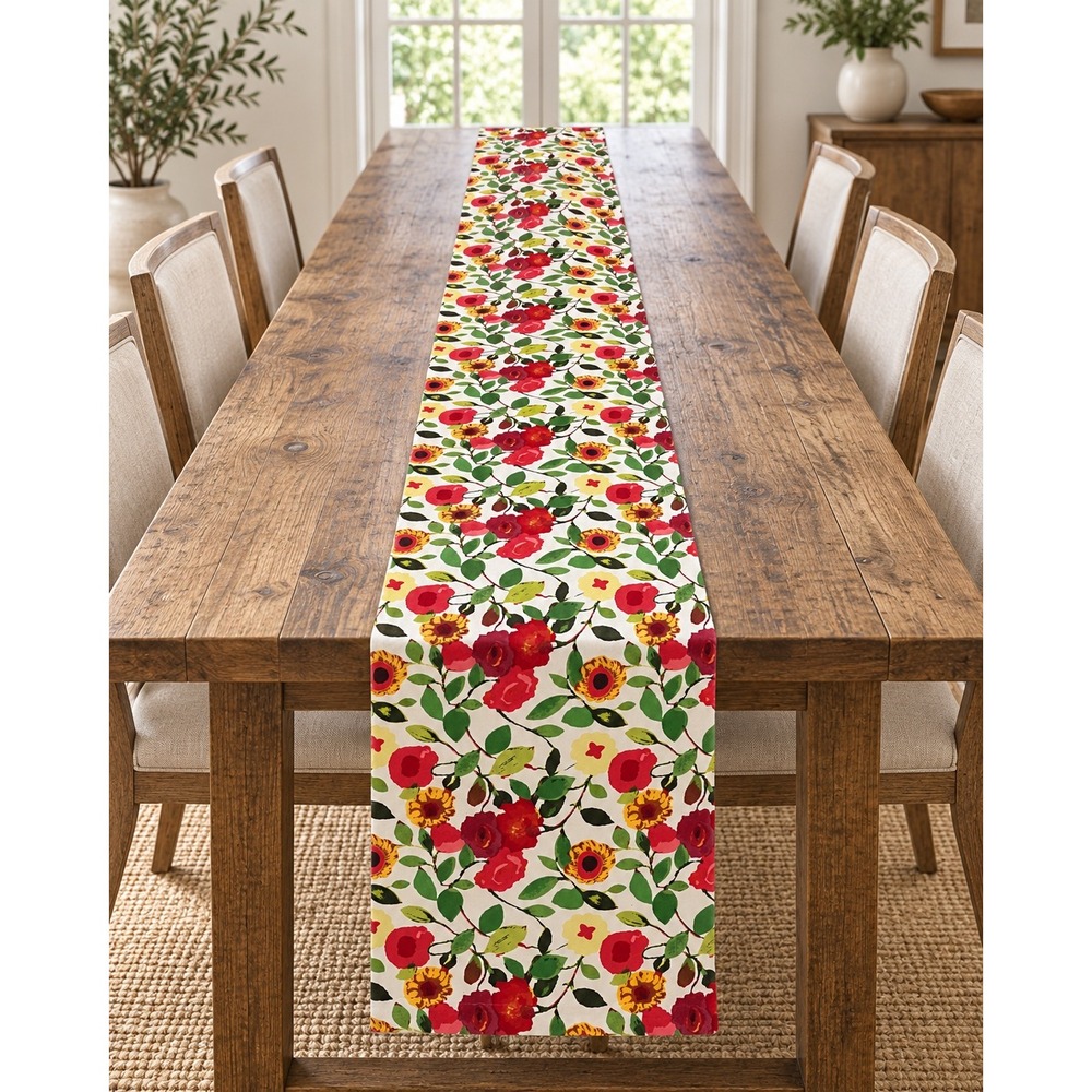 Crate & Barrel Louise Floral Cotton Table Runner 14x120 Extra Long